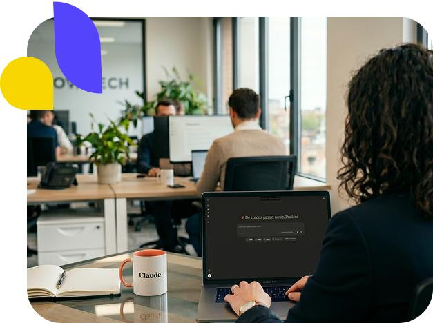 Femme dans une entreprise en train de consulter Claude.ai sur son ordinateur portable