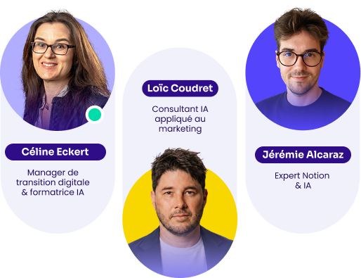 3 vignettes de fond colorés avec des portraits de 3 formateurs IA